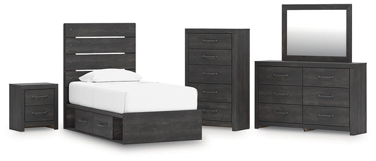 Hollivern Twin Panel Bed with Storage with Mirrored Dresser, Chest and Nightstand