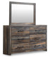 Drystan Queen Panel Bed with 2 Storage Drawers with Mirrored Dresser and Nightstand