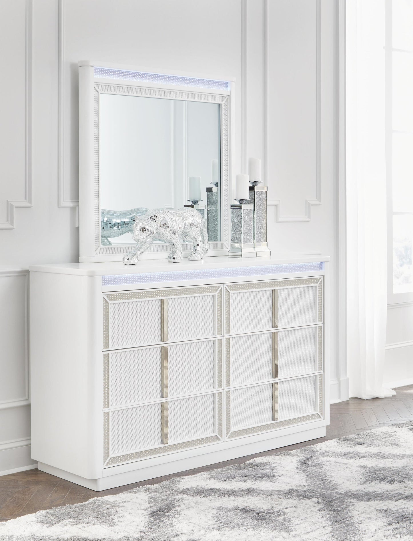 Chalanna California King Upholstered Storage Bed, Dresser, Mirror and Nightstand