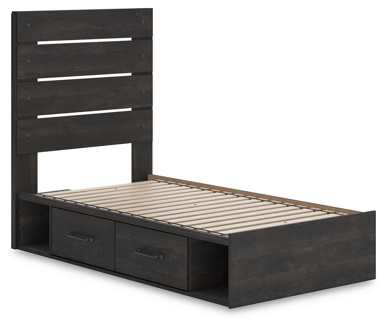 Hollivern Twin Panel Bed with Storage, Dresser, Mirror, Chest and Nightstand