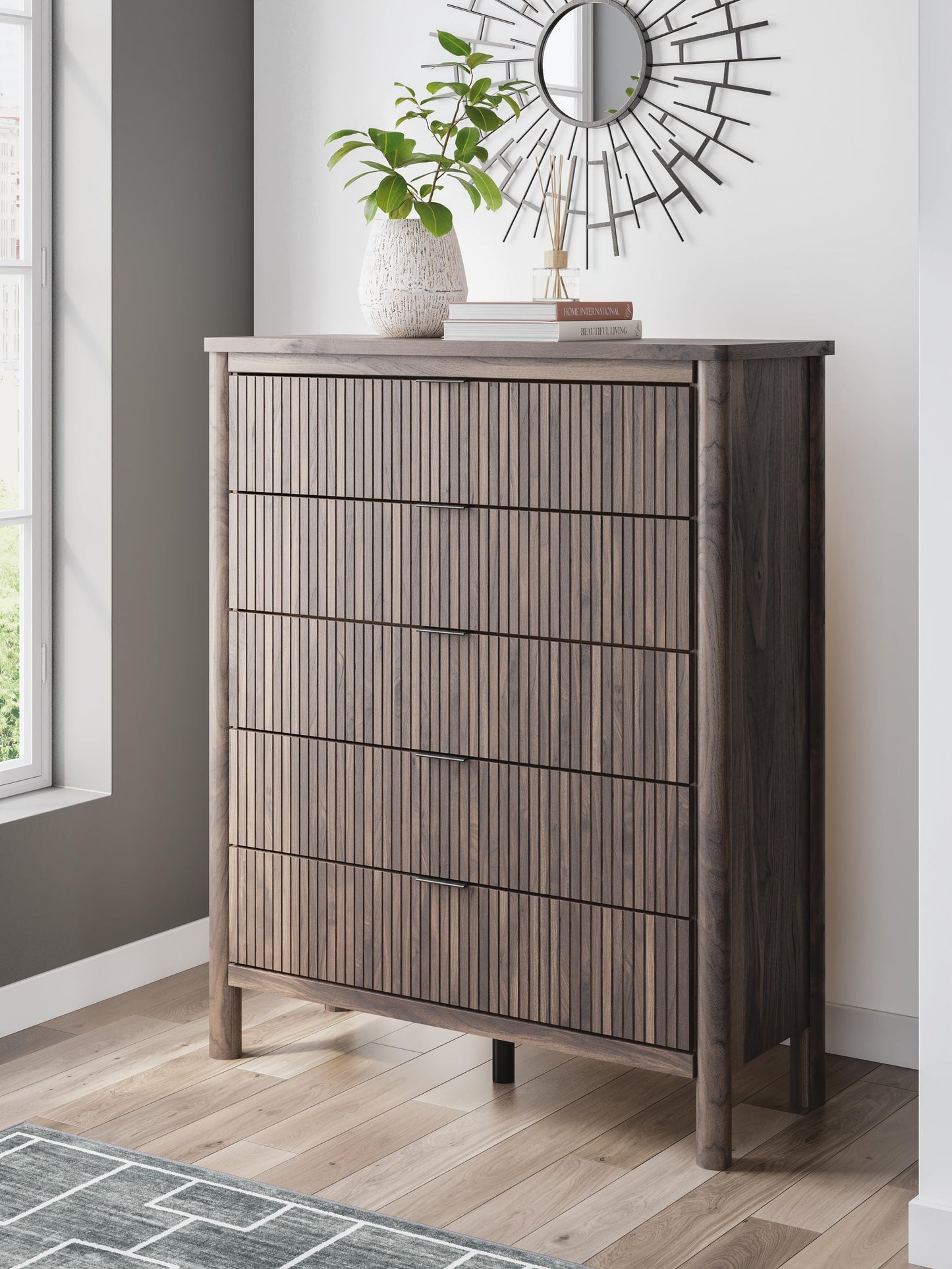 Pamytta Full Panel Bed, Dresser, Mirror, Chest and Nightstand