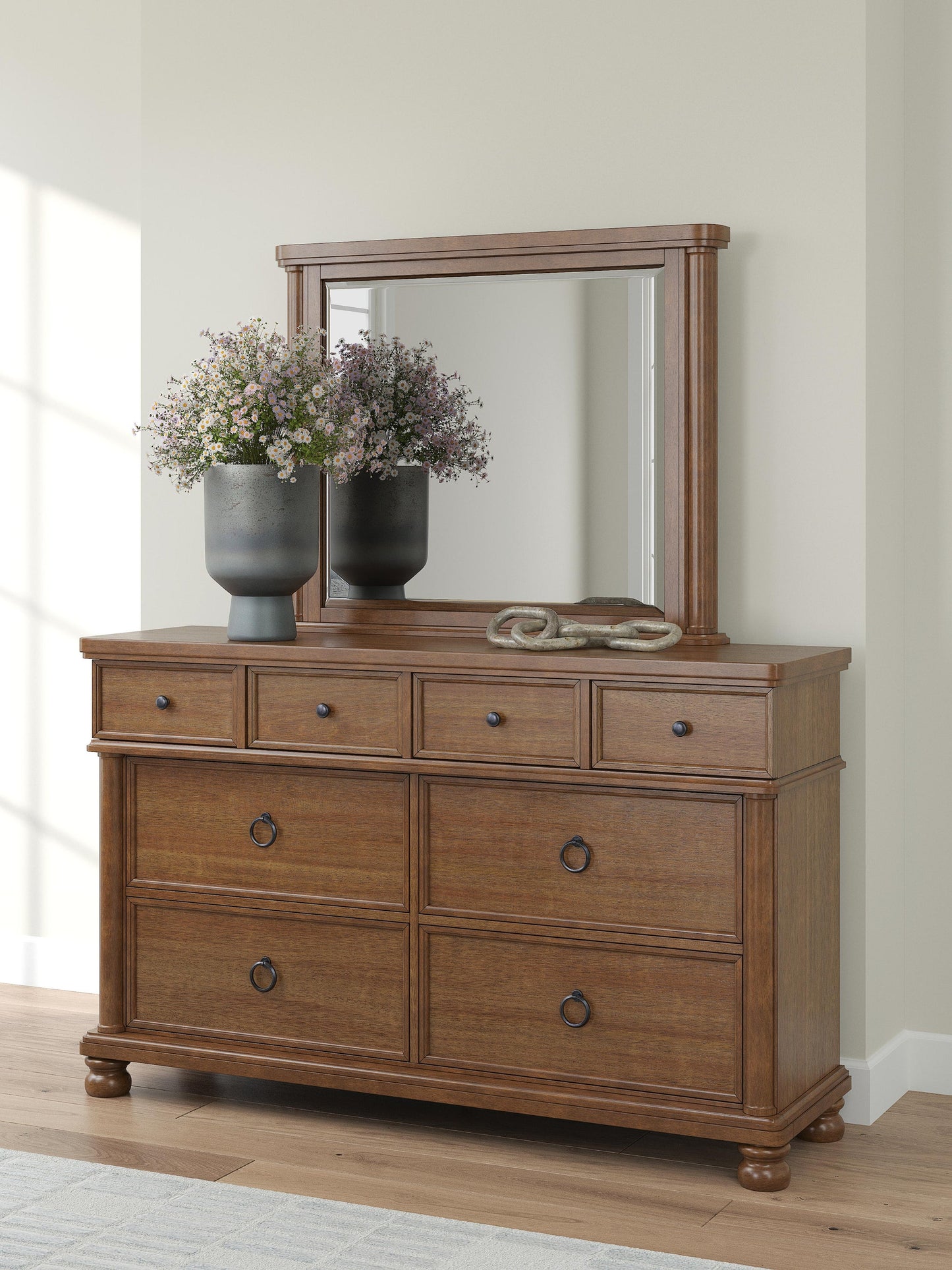 Rowlenstown California King Poster Bed with Mirrored Dresser and Nightstand
