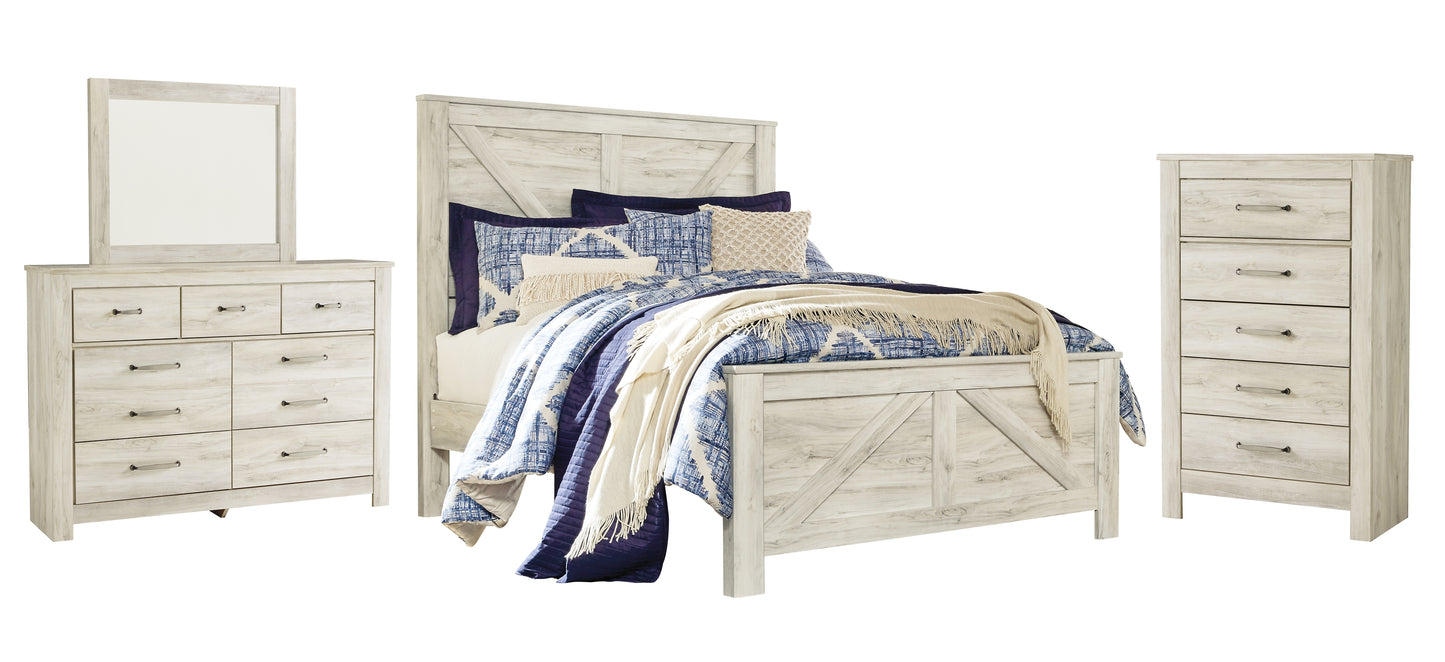 Bellaby  Crossbuck Panel Bed With Mirrored Dresser And Chest