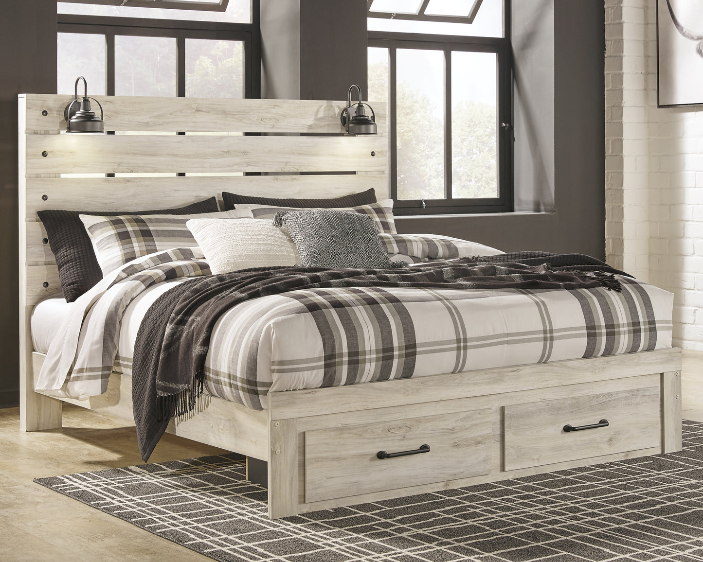 Cambeck Queen Panel Bed with 2 Storage Drawers with Mirrored Dresser and Chest